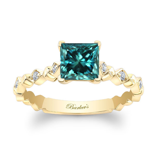 Yellow Gold Art Deco Princess Blue Diamond Ring