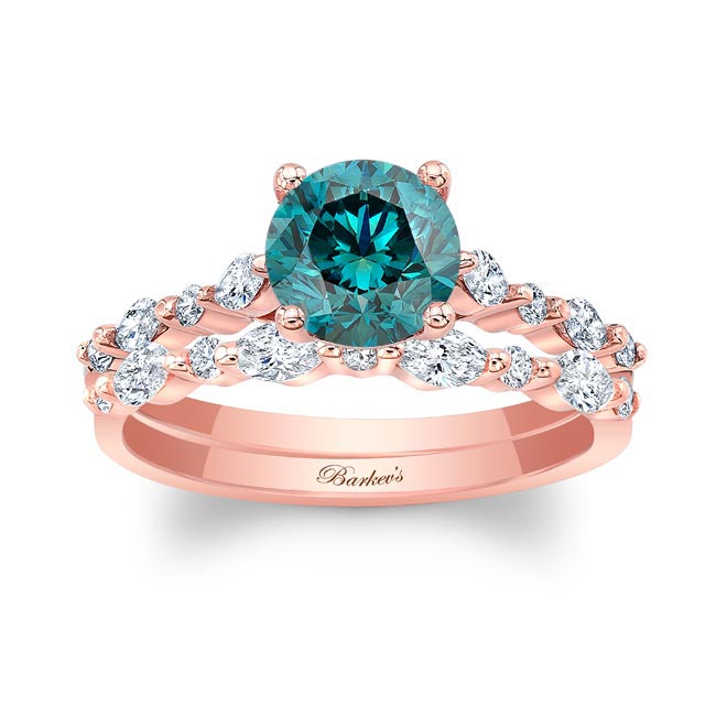 Rose Gold Vintage Style Blue And White Diamond Wedding Ring Set