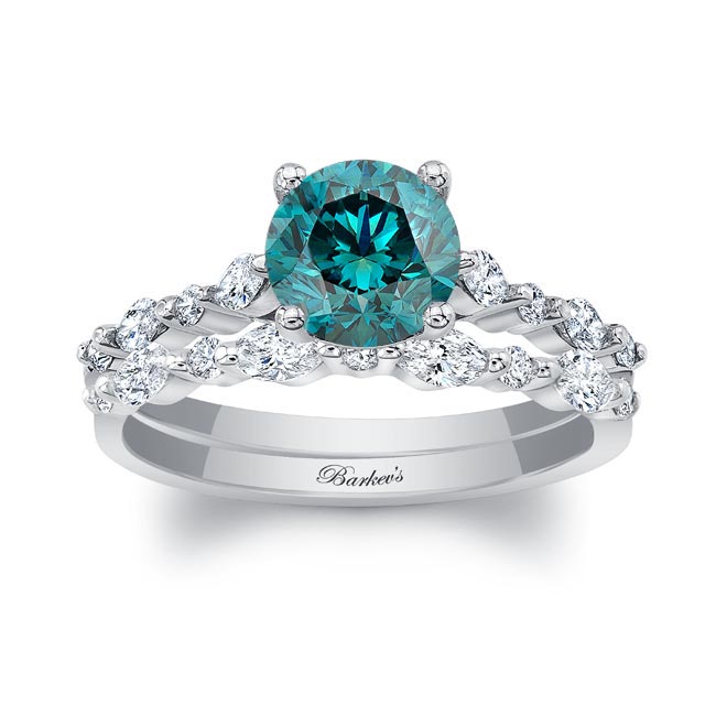Vintage Style Blue And White Diamond Wedding Ring Set