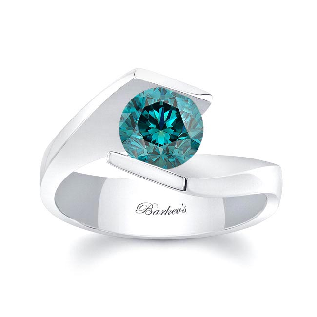 White Gold Tension Solitaire Blue Diamond Ring