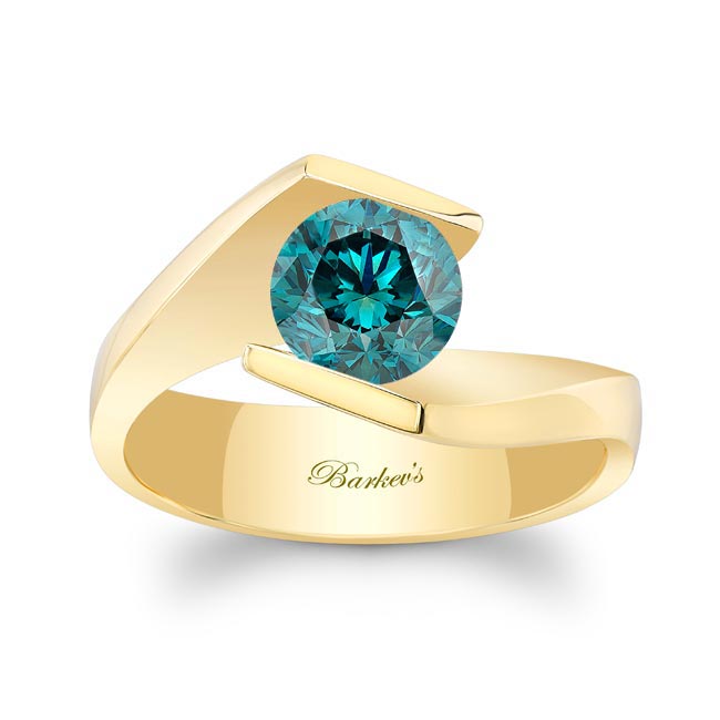 Yellow Gold Tension Solitaire Blue Diamond Ring