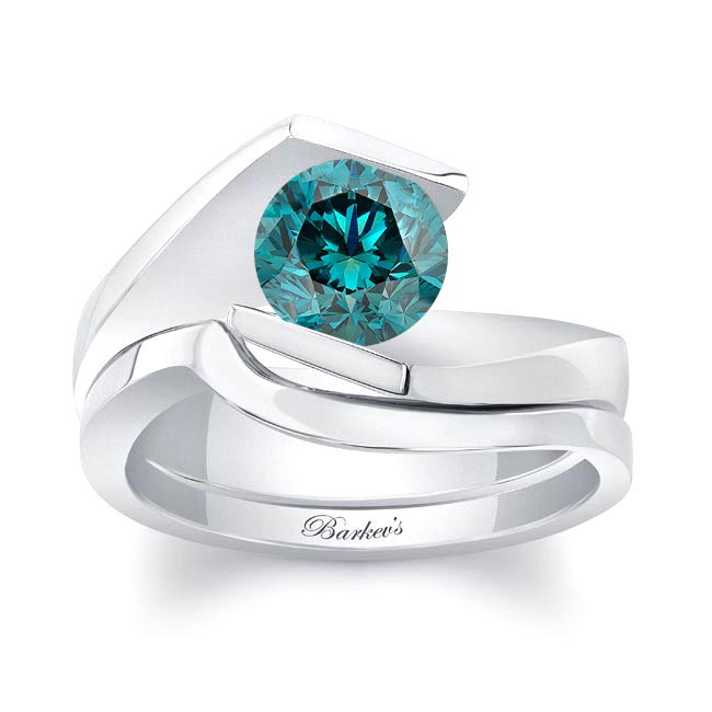 Platinum Tension Solitaire Blue Diamond Bridal Set