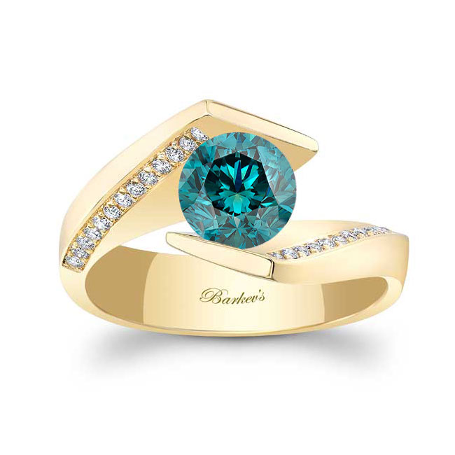 Yellow Gold Tension Setting Blue And White Diamond Ring