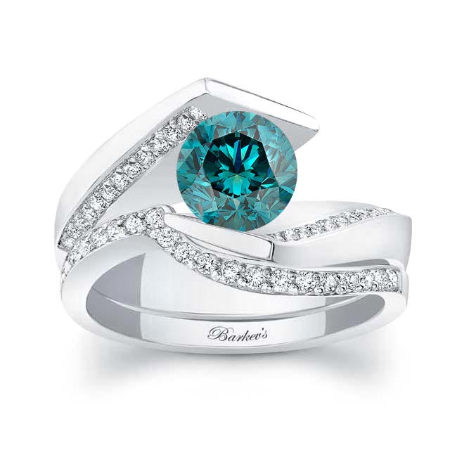 Platinum Tension Setting Blue And White Diamond Bridal Set