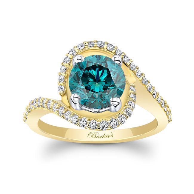  Yellow Gold Floating Halo Blue And White Diamond Engagement Ring Image 1