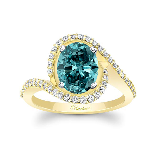 Yellow Gold 2 Carat Oval Blue And White Diamond Ring