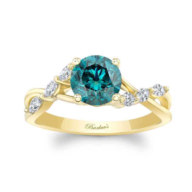 Yellow Gold Blue And White Diamond Marquise Accent Ring