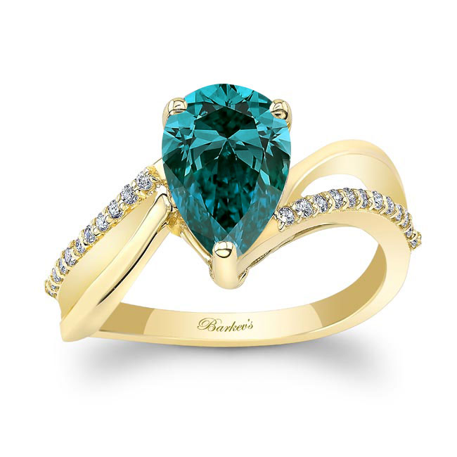 Yellow Gold Split Shank Blue And White Diamond Pear Ring