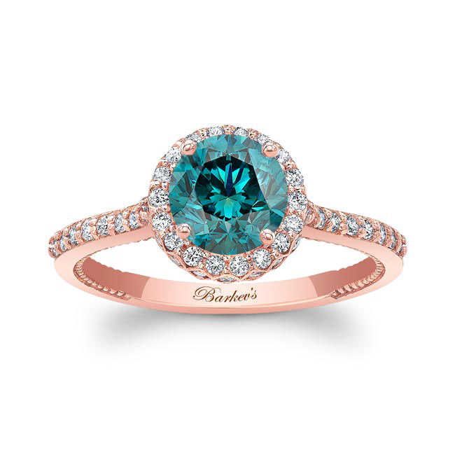 Rose Gold Round Halo Blue And White Diamond Ring