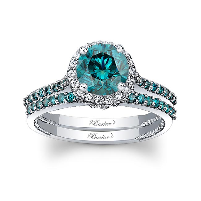  Round Halo Blue Diamond Wedding Set Image 1