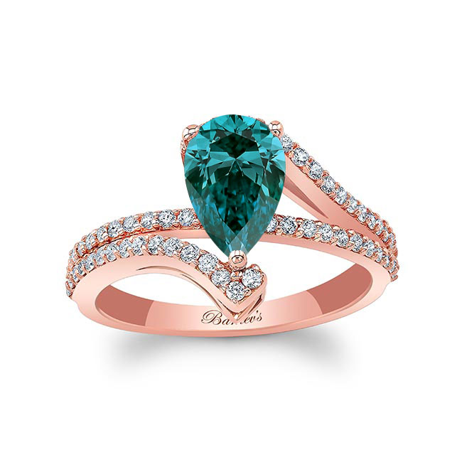Rose Gold Split Shank Pear Blue And White Diamond Engagement Ring