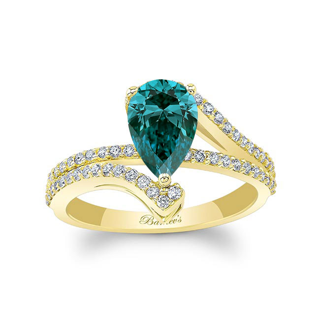 Yellow Gold Split Shank Pear Blue And White Diamond Engagement Ring