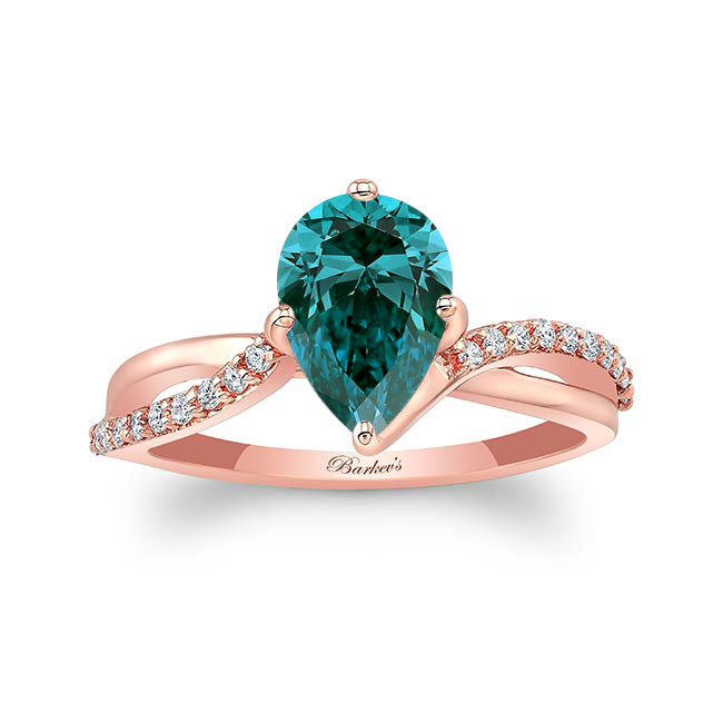 Rose Gold Pear Shaped Blue And White Diamond Ring With Twisted Band