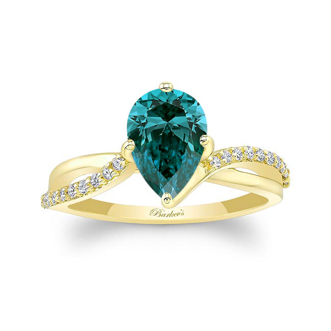 Yellow Gold Pear Shaped Blue And White Diamond Ring With Twisted Band