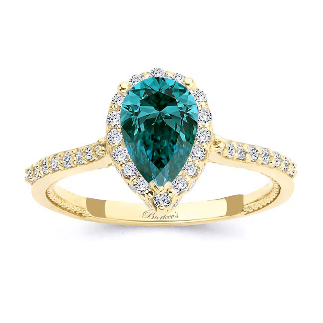 Yellow Gold Eva Pear Shaped Blue And White Diamond Halo Ring