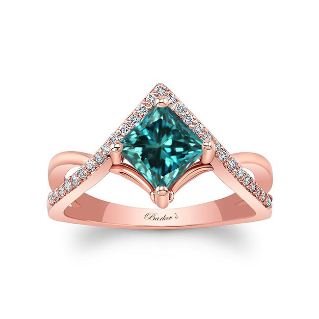  Rose Gold Unique Princess Cut Blue And White Diamond Engagement Ring Image 1