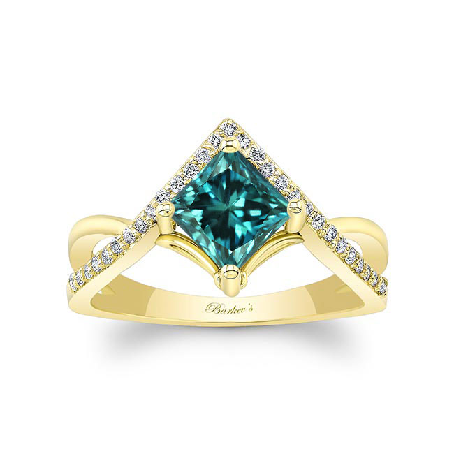  Yellow Gold Unique Princess Cut Blue And White Diamond Engagement Ring Image 1