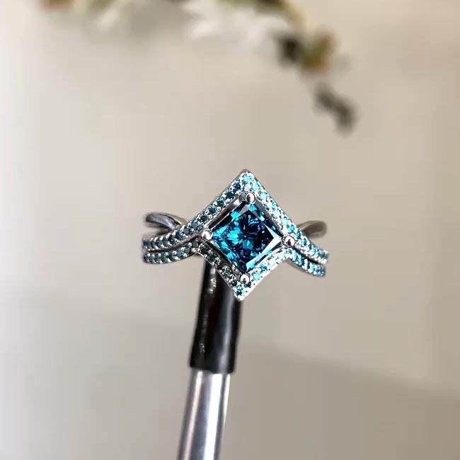 White Gold Unique Princess Cut Blue Diamond Engagement Ring Set Image 2
