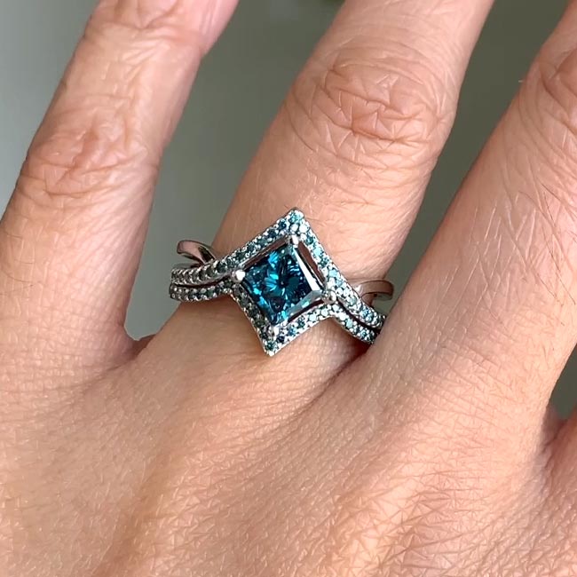 White Gold Unique Princess Cut Blue Diamond Engagement Ring Set Image 3
