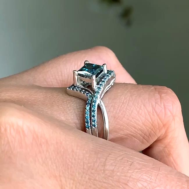 White Gold Unique Princess Cut Blue Diamond Engagement Ring Set Image 4