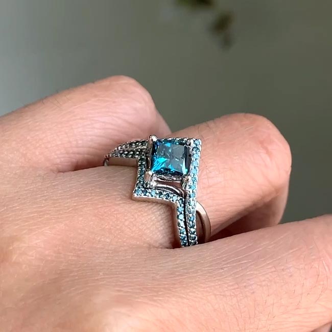 White Gold Unique Princess Cut Blue Diamond Engagement Ring Set Image 5