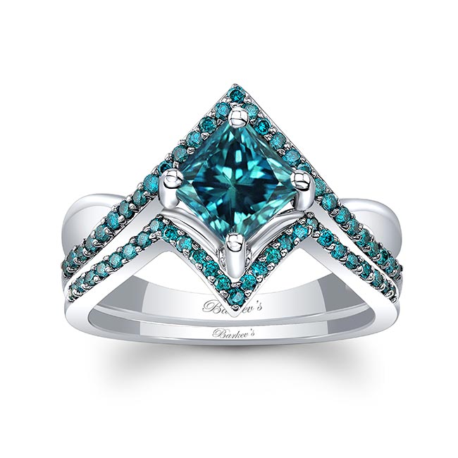 Unique Princess Cut Blue Diamond Engagement Ring Set