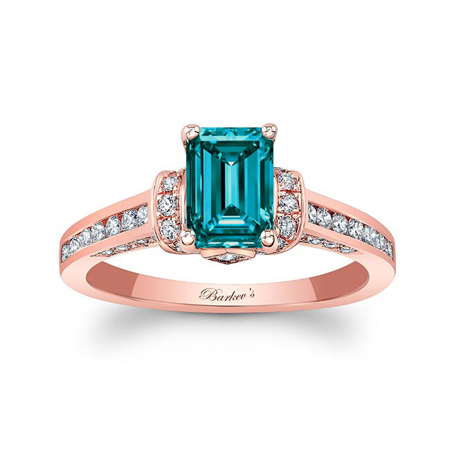 Rose Gold Emerald Cut Blue And White Diamond Ring