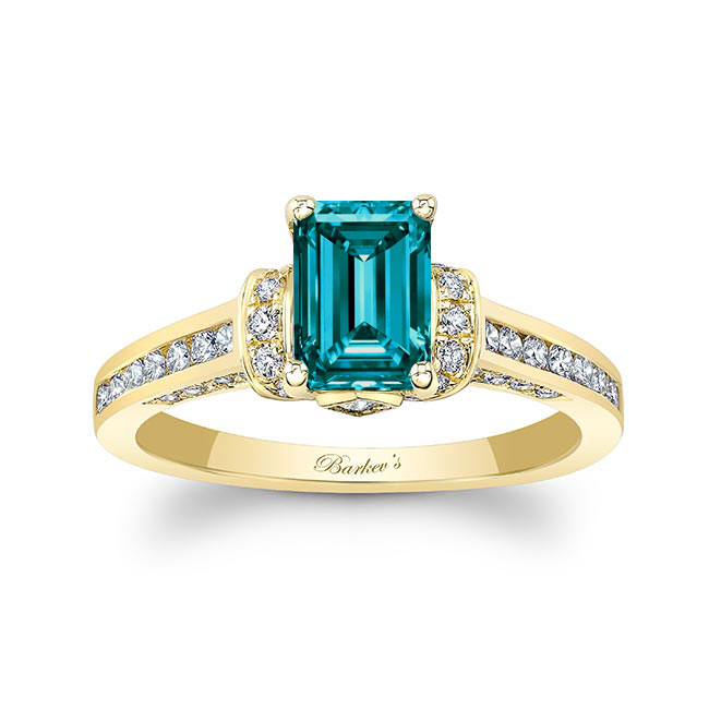 Yellow Gold Emerald Cut Blue And White Diamond Ring