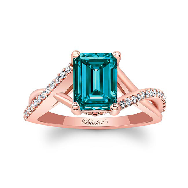 Rose Gold 2 Carat Emerald Cut Blue And White Diamond Ring