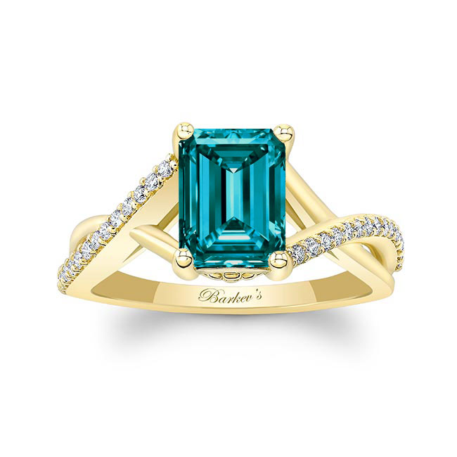 Yellow Gold 2 Carat Emerald Cut Blue And White Diamond Ring