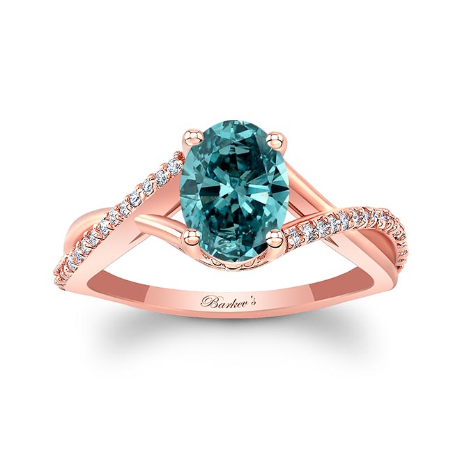 Rose Gold One Carat Oval Blue And White Diamond Ring