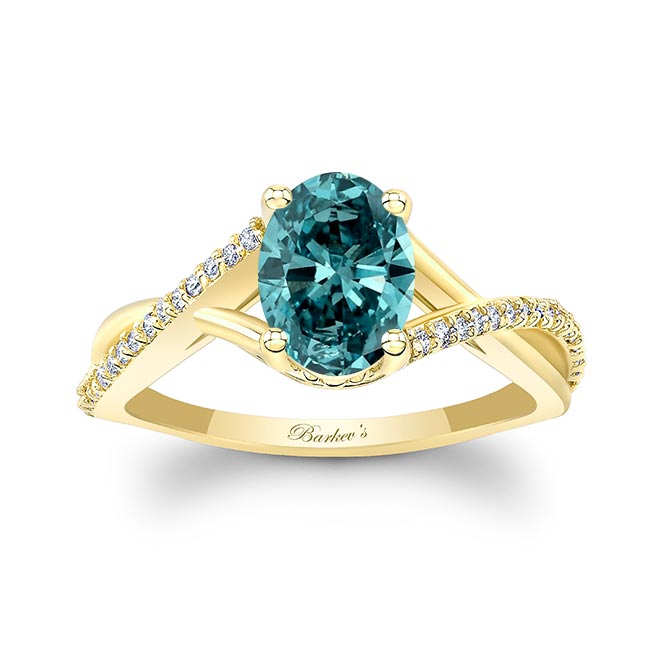 Yellow Gold One Carat Oval Blue And White Diamond Ring