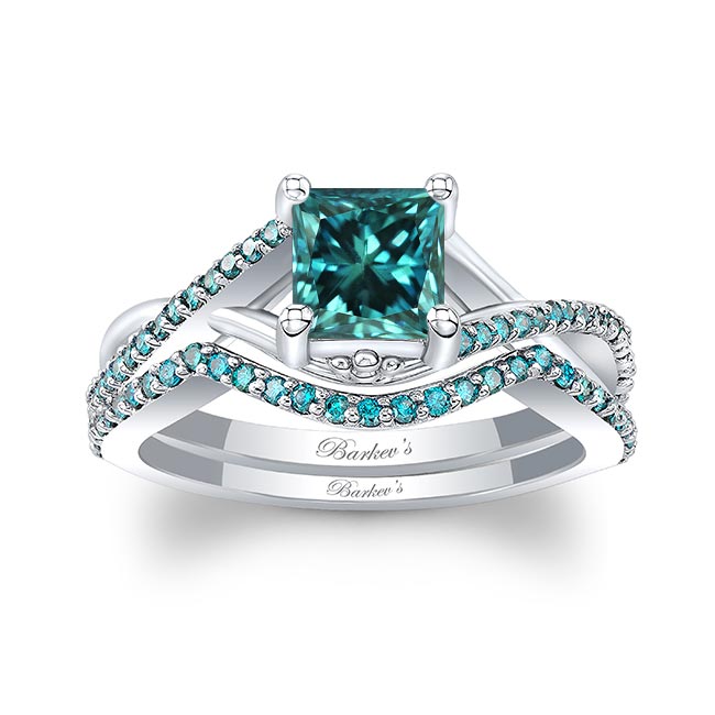 Platinum One Carat Princess Cut Blue Diamond Bridal Set Image 1