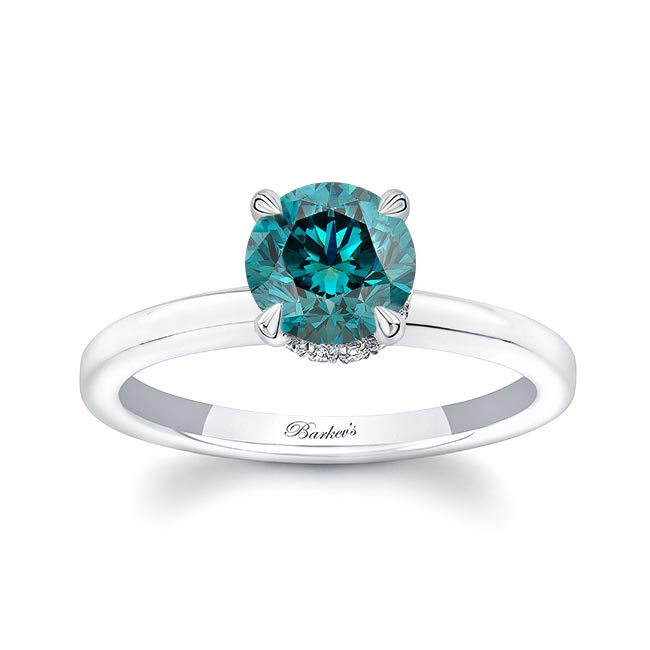 Platinum Round Hidden Halo Blue And White Diamond Engagement Ring