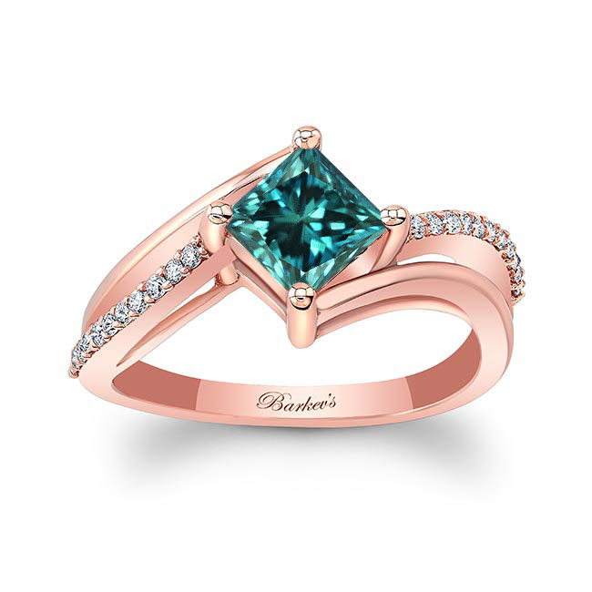 Rose Gold Princess Cut Blue And White Diamond Engagement Ring