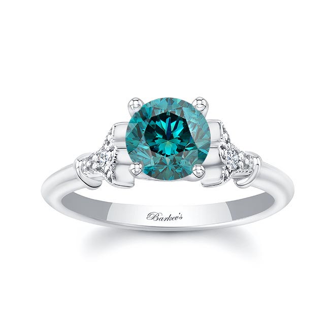 Platinum Petite Leaf Blue And White Diamond Engagement Ring