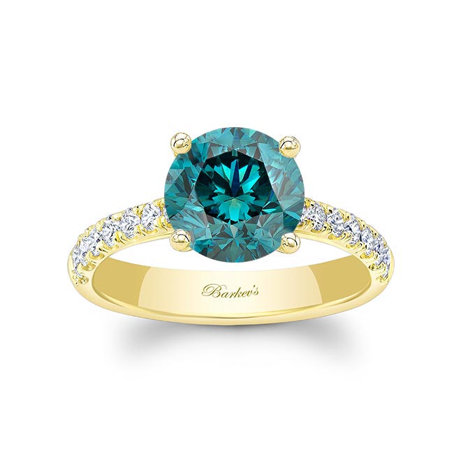 Yellow Gold 3 Carat Round Blue And White Diamond Engagement Ring