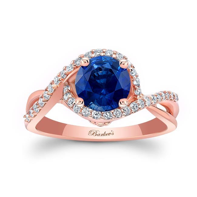 Rose Gold Twisted Halo Lab Grown Blue Sapphire And Diamond Engagement Ring