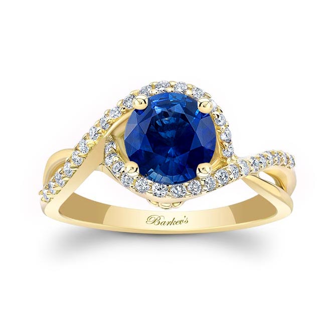 Yellow Gold Twisted Halo Lab Grown Blue Sapphire And Diamond Engagement Ring