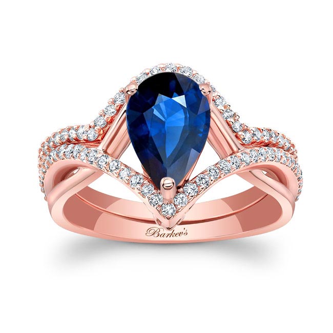 Rose Gold Unique Pear Shaped Blue Sapphire And Diamond Wedding Set