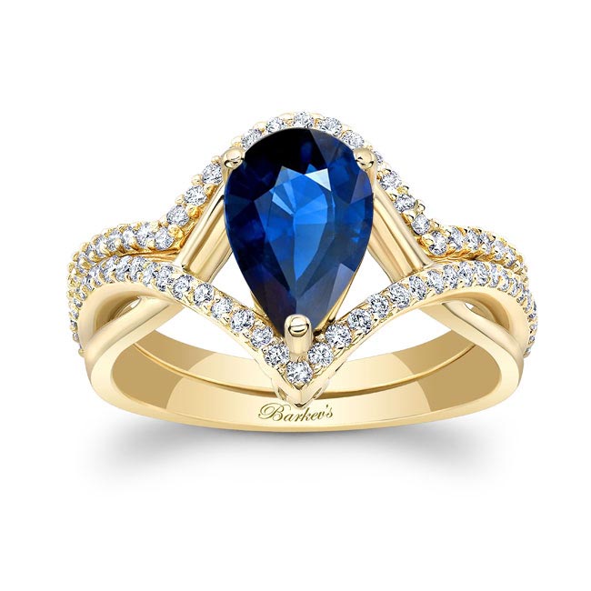 Yellow Gold Unique Pear Shaped Blue Sapphire And Diamond Wedding Set
