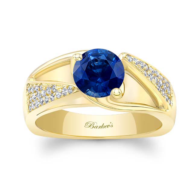 Yellow Gold 3 Row Lab Blue Sapphire And Diamond Ring