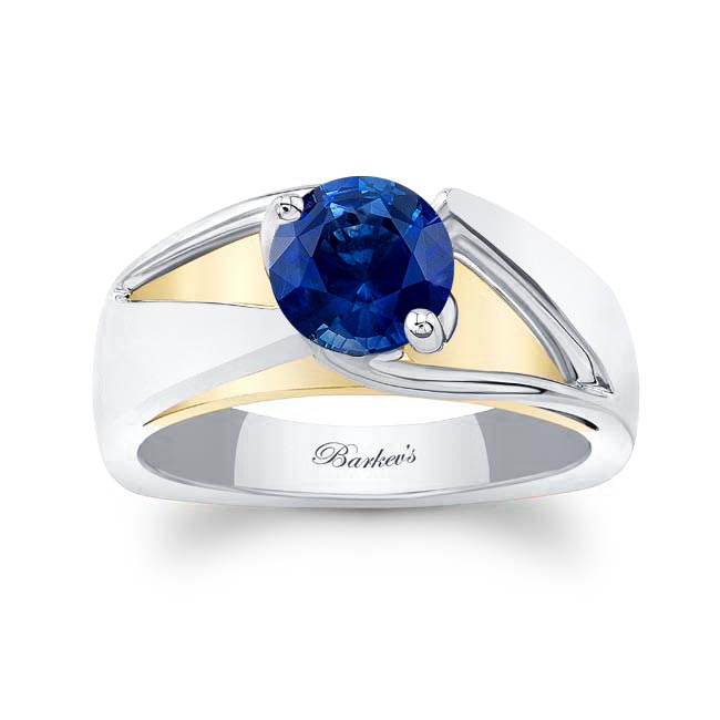 White Yellow Gold Wide Split Shank Blue Sapphire Solitaire Ring