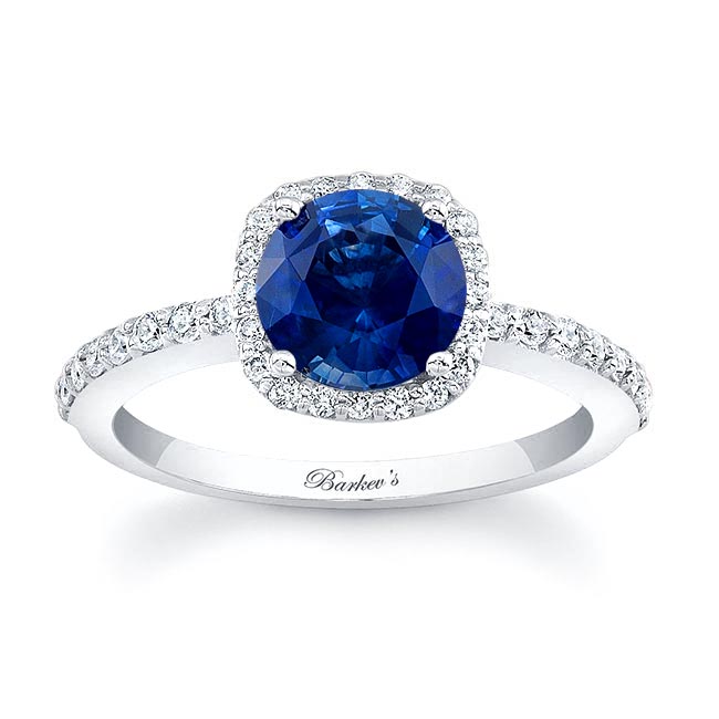 White Gold 1 Carat Round Blue Sapphire And Diamond Halo Engagement Ring