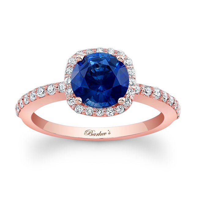 Rose Gold 1 Carat Round Lab Blue Sapphire And Diamond Halo Engagement Ring