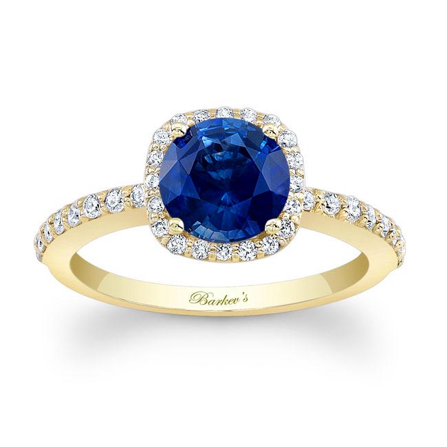 Yellow Gold 1 Carat Round Lab Blue Sapphire And Diamond Halo Engagement Ring