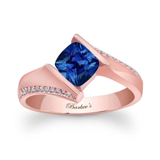  Rose Gold Blue Sapphire Cushion Cut Ring Image 1