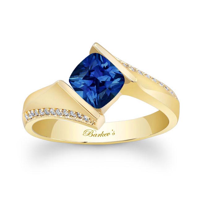  Yellow Gold Blue Sapphire Cushion Cut Ring Image 1