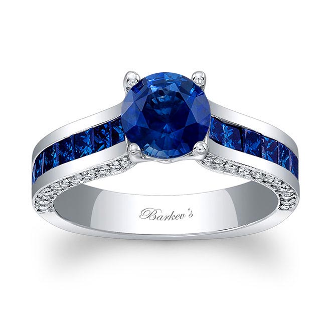 Princess Cut Blue Sapphire & Diamond Wedding Ring 14k White Gold