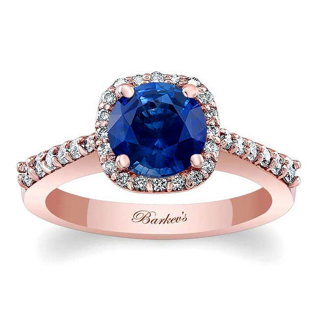 Rose Gold Round Blue Sapphire And Diamond Halo Ring